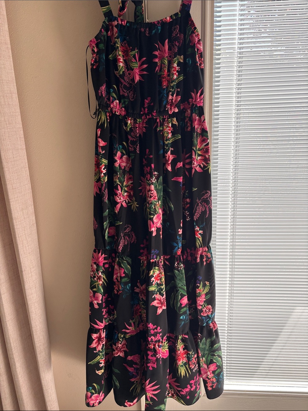 Black Floral Tiered Maxi Skirt with Pink Tropical Print